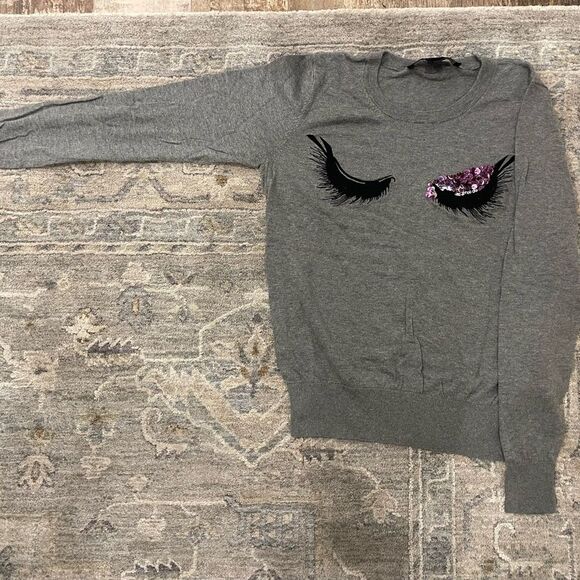 Rare merino wool sweater gray French Connection purple sequin wink design Medium - Picture 2 of 4